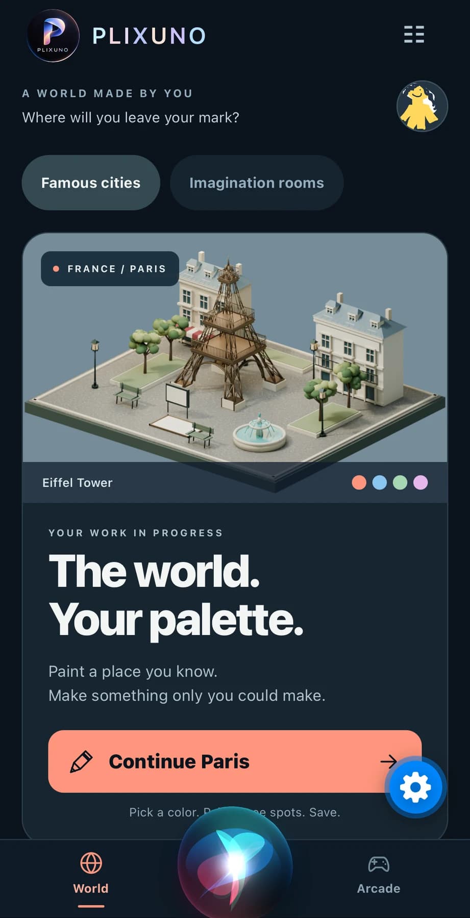 PLIXUNO World screen with the miniature Paris painting experience